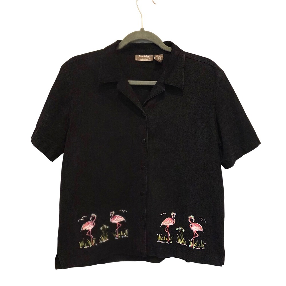 Jane Ashley Petite Large Casual Black Flamingo Embroidered Button Down Shirt